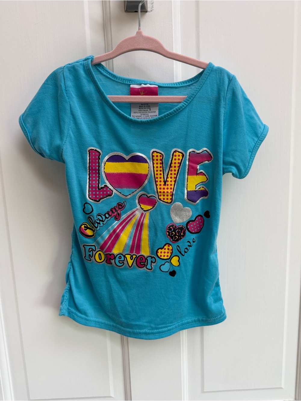 Diva Girls 4 Blue Short Sleeve "LOVE Forever" Rainbow Graphic Tee Top Blouse